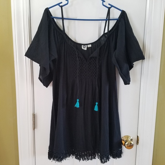 Roxy Off-the-Shoulder Fringe Trim Boho Dress - Picture 1 of 8